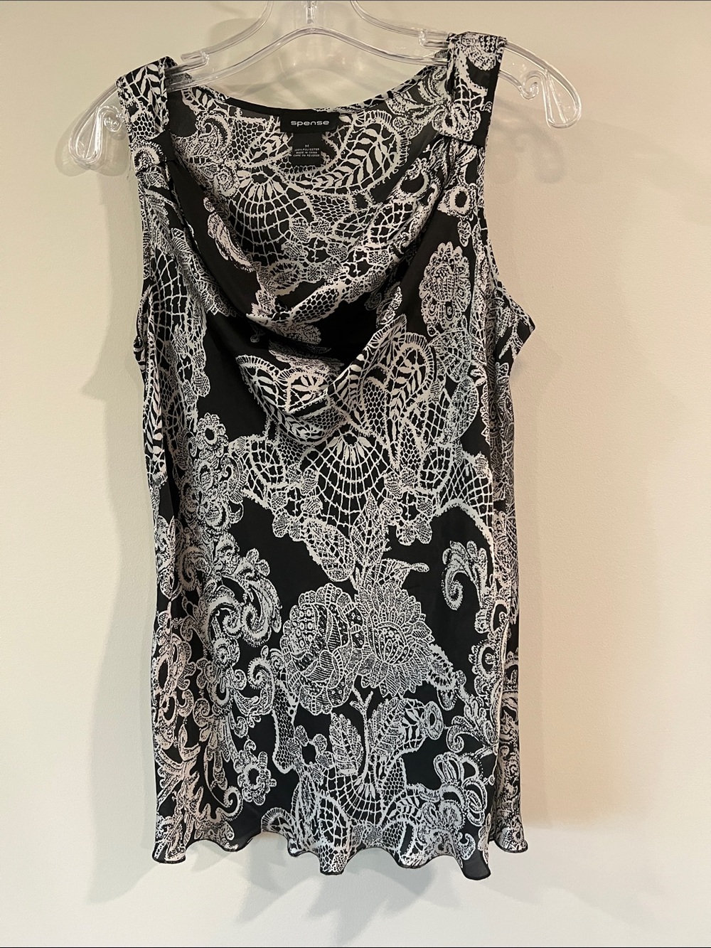 Spense - M, Black and White Lace-Print Cowl Neck Tank